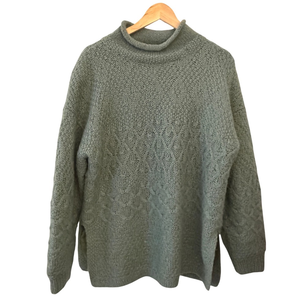 SIBA Mohair Wool Sweater Women L Green Excellent Hand Knitted Mock Neck Linedโ